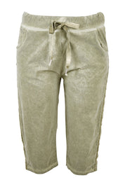 Product shot of the Crushed Jean Short in colour Khaki (Green), from the front