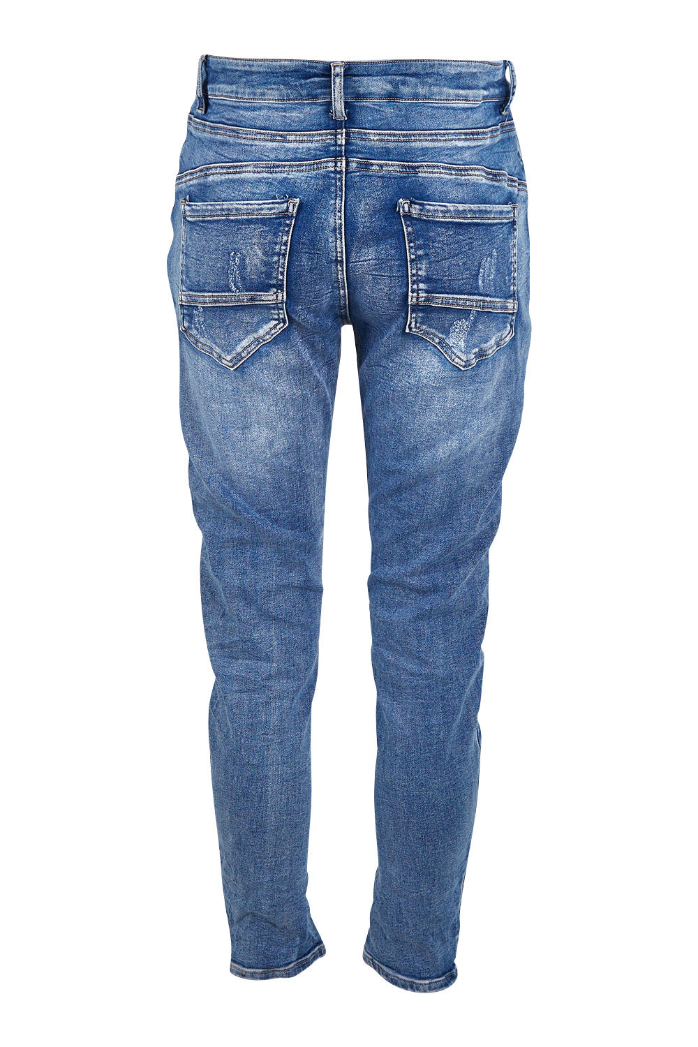 Product shot of the Stella Patch Denim Jean in colour Denim (Blue), from the back