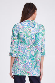 Model Madeline wearing size S of the Vibe Satin Shirt in colour Green (Green), from the back