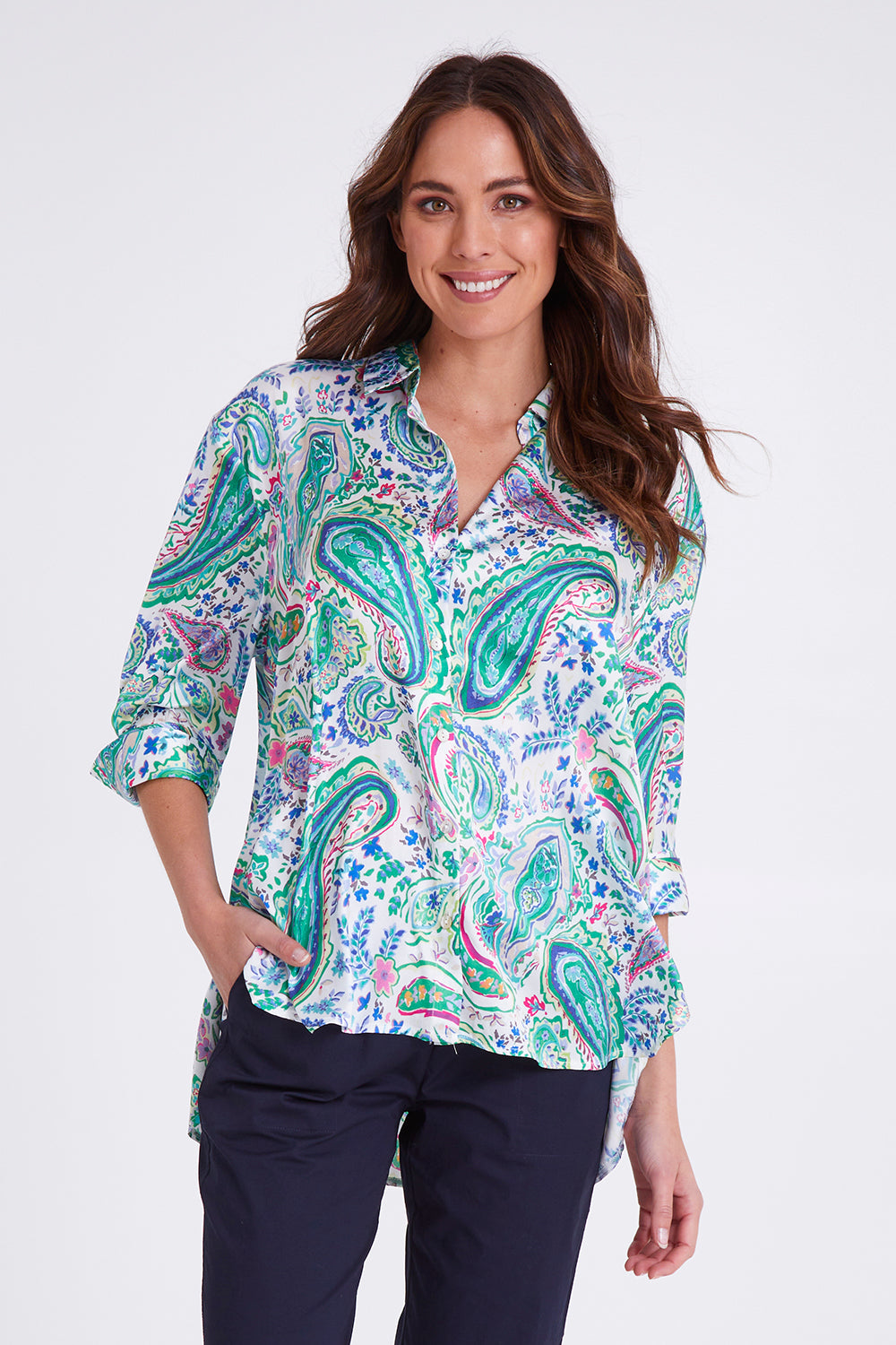 Model Madeline wearing size S of the Vibe Satin Shirt in colour Green (Green), from the front, cropped image
