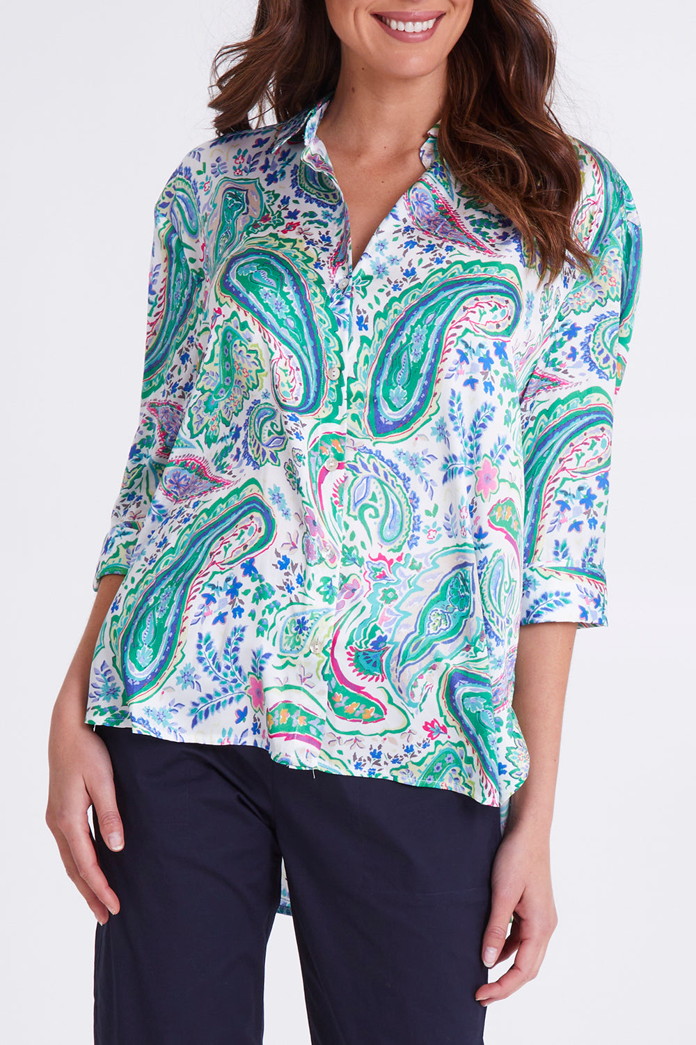 Model Madeline wearing size S of the Vibe Satin Shirt in colour Green (Green), from the front, cropped image