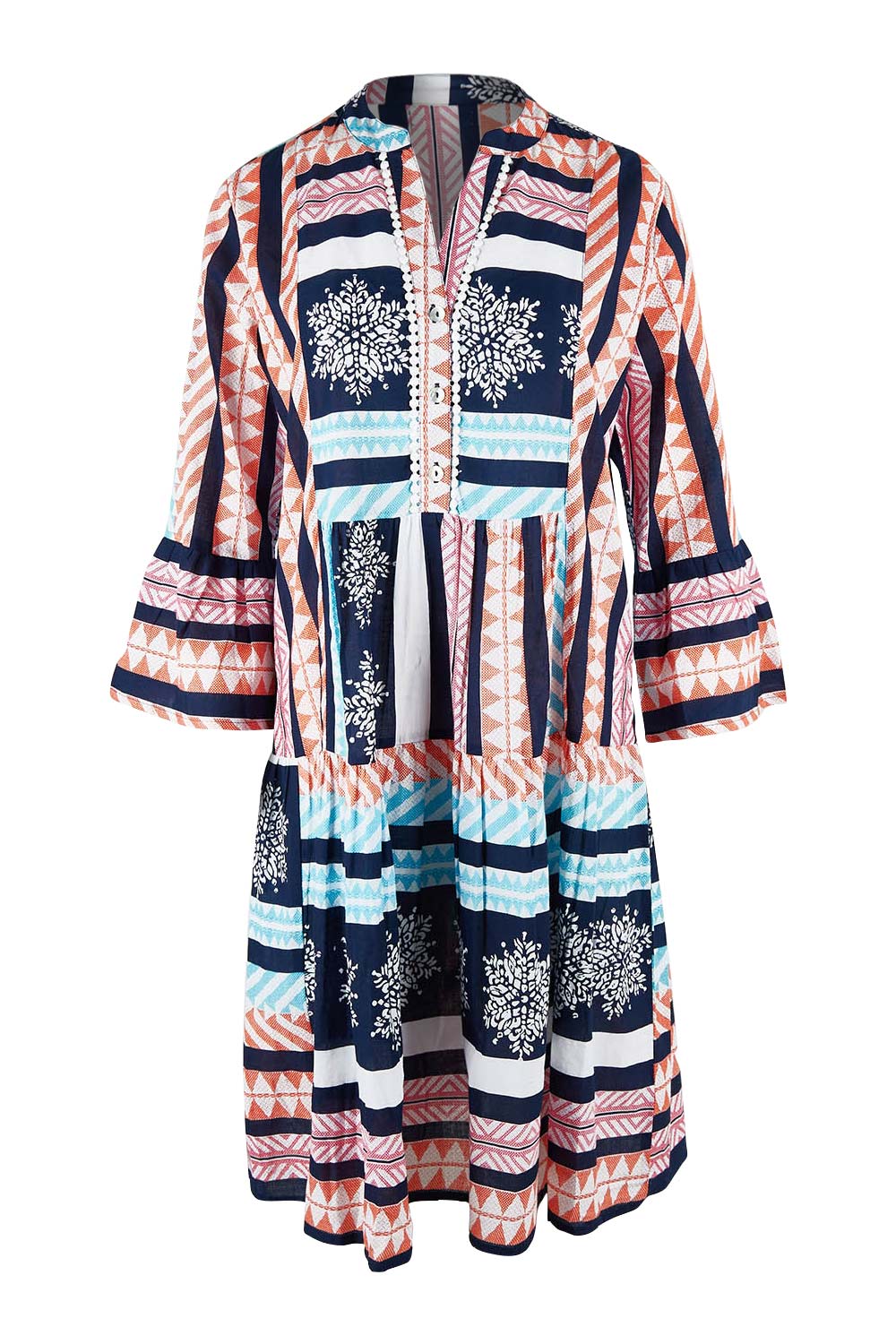 Product shot of The Bondi Cotton Dress in colour Navymulti (Blue), from the front