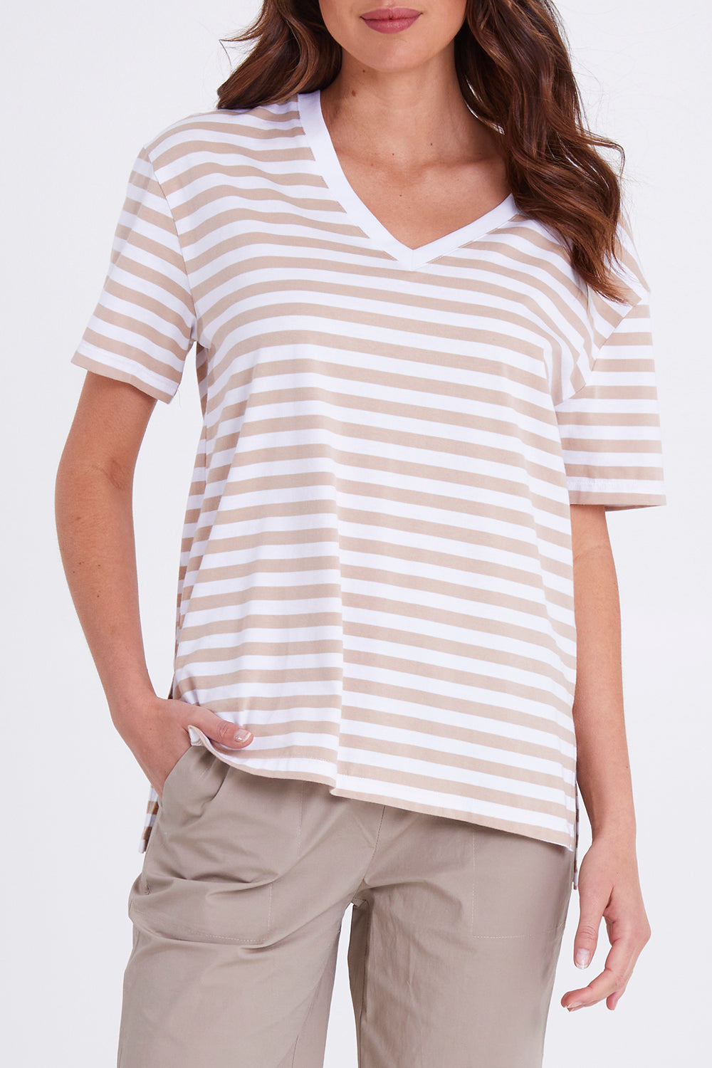 Model Madeline wearing size S of the Sailor Tee in colour Stonewhite (White), from the front, cropped image