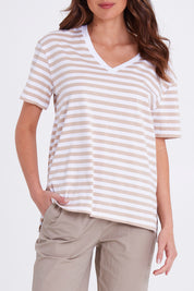 Model Madeline wearing size S of the Sailor Tee in colour Stonewhite (White), from the front, cropped image