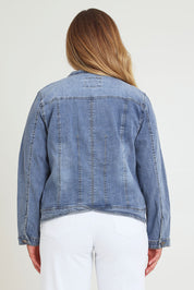 Model Chanel wearing size XL of the Maggie Denim Jacket in colour Denim (Blue), from the back