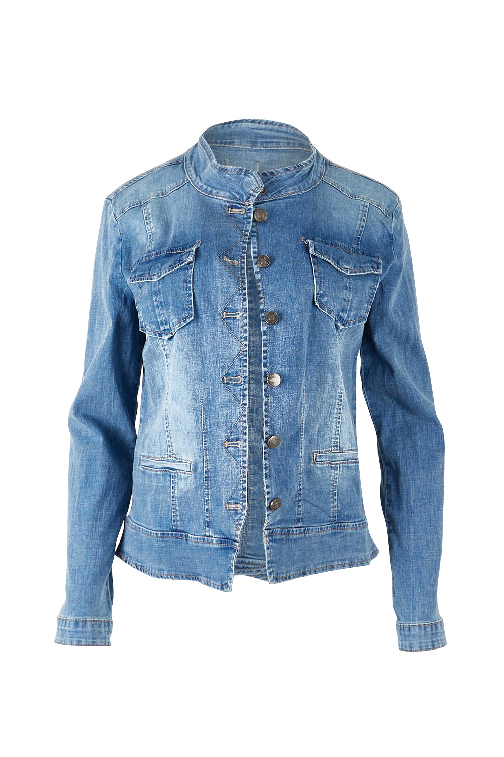 Product shot of the Maggie Denim Jacket in colour Denim (Blue), from the front