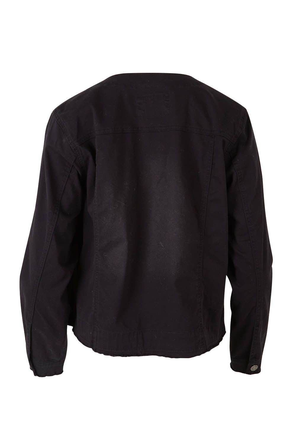 Product shot of the Collarless Denim Jacket in colour Black (Black), from the back