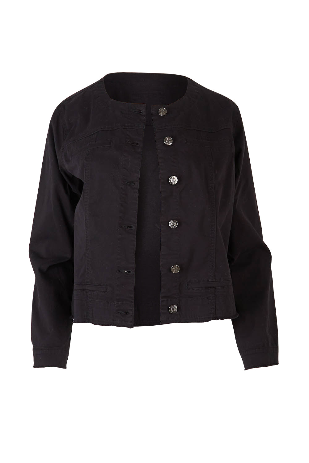 Product shot of the Collarless Denim Jacket in colour Black (Black), from the front