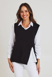 Model Madeline wearing size S of the Vicky Side Split Knit Vest in colour Black (Black), from the front, cropped image