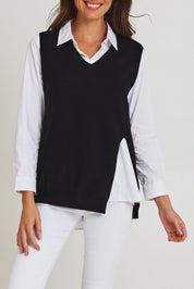 Model Madeline wearing size S of the Vicky Side Split Knit Vest in colour Black (Black), from the front, cropped image
