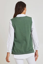 Model Madeline wearing size S of the Vicky Side Split Knit Vest in colour Khaki (Green), from the back