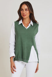 Model Madeline wearing size S of the Vicky Side Split Knit Vest in colour Khaki (Green), from the front, cropped image