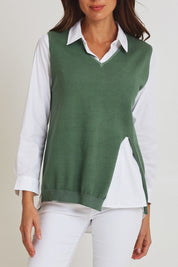 Model Madeline wearing size S of the Vicky Side Split Knit Vest in colour Khaki (Green), from the front, cropped image