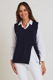 Model Madeline wearing size S of the Vicky Side Split Knit Vest in colour Navy (Blue), from the front, cropped image