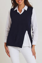 Model Madeline wearing size S of the Vicky Side Split Knit Vest in colour Navy (Blue), from the front, cropped image