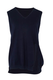 Product shot of the Vicky Side Split Knit Vest in colour Navy (Blue), from the front
