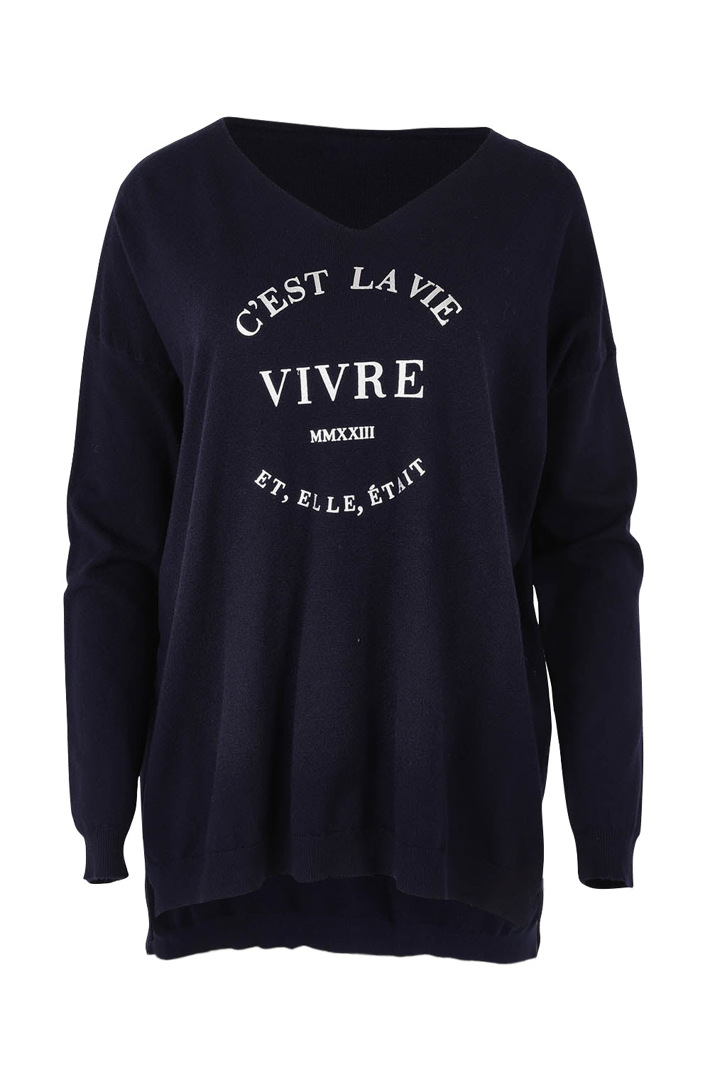 Product shot of the Cest La Vie Knit in colour Navy (Blue), from the front