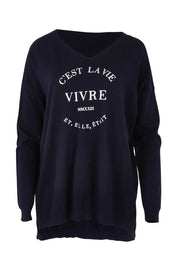 Product shot of the Cest La Vie Knit in colour Navy (Blue), from the front