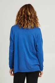 Model Emma wearing size S of the Cest La Vie Knit in colour Sapphire (Blue), from the back