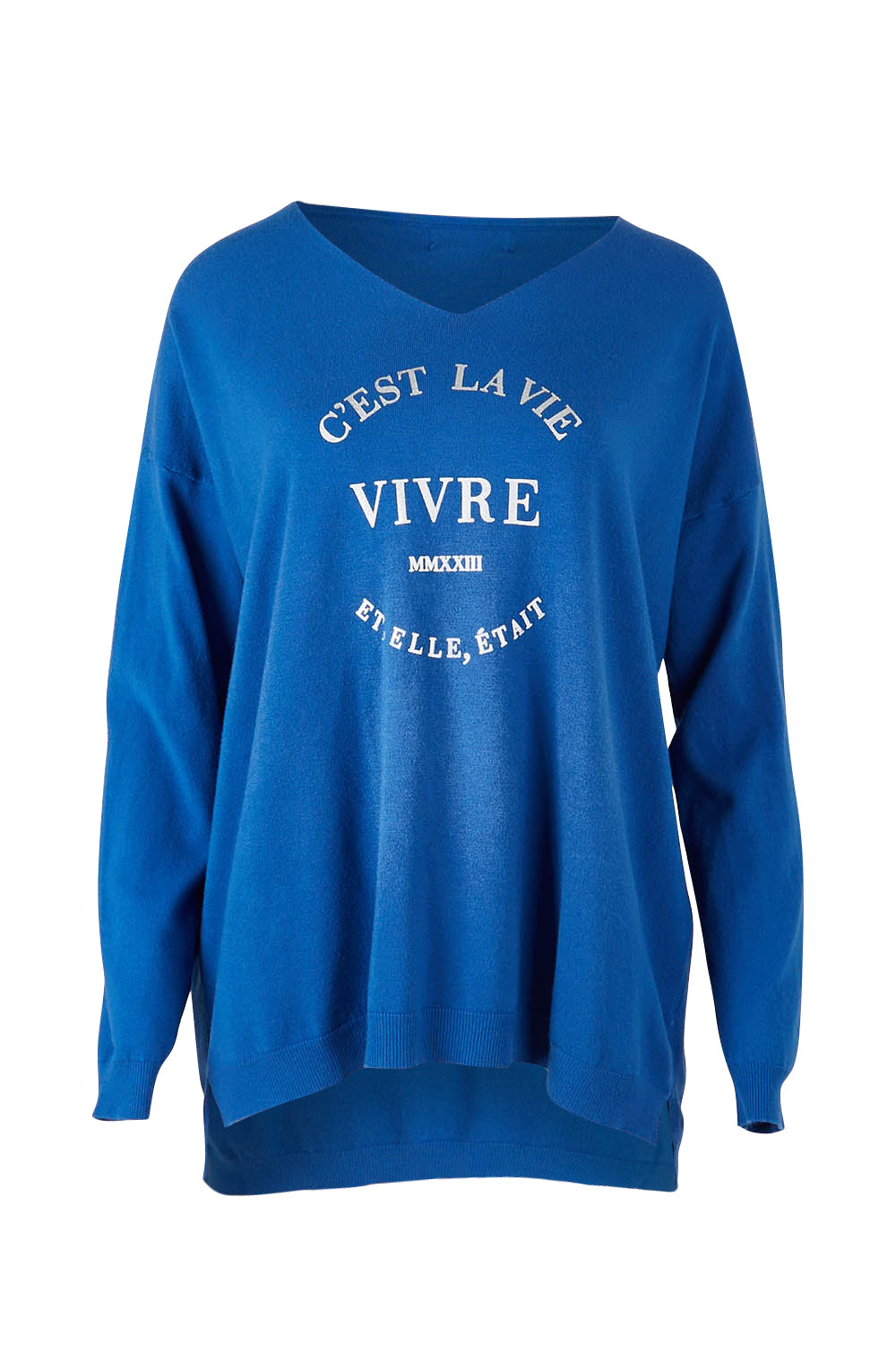 Product shot of the Cest La Vie Knit in colour Sapphire (Blue), from the front