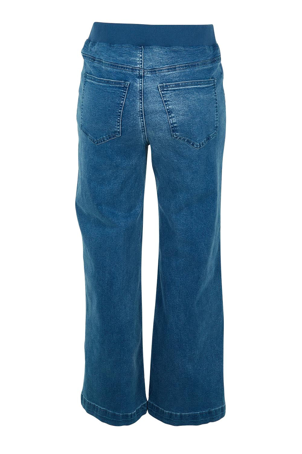 Product shot of the Maddy Wide Leg Jean in colour Denim (Blue), from the back