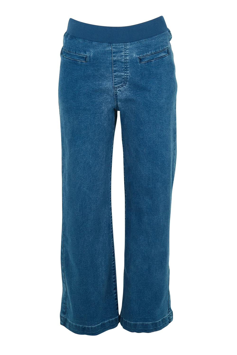 Product shot of the Maddy Wide Leg Jean in colour Denim (Blue), from the front