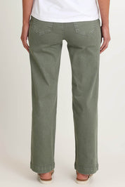 Model Riina wearing size S of the Maddy Wide Leg Jean in colour Khaki (Green), from the back