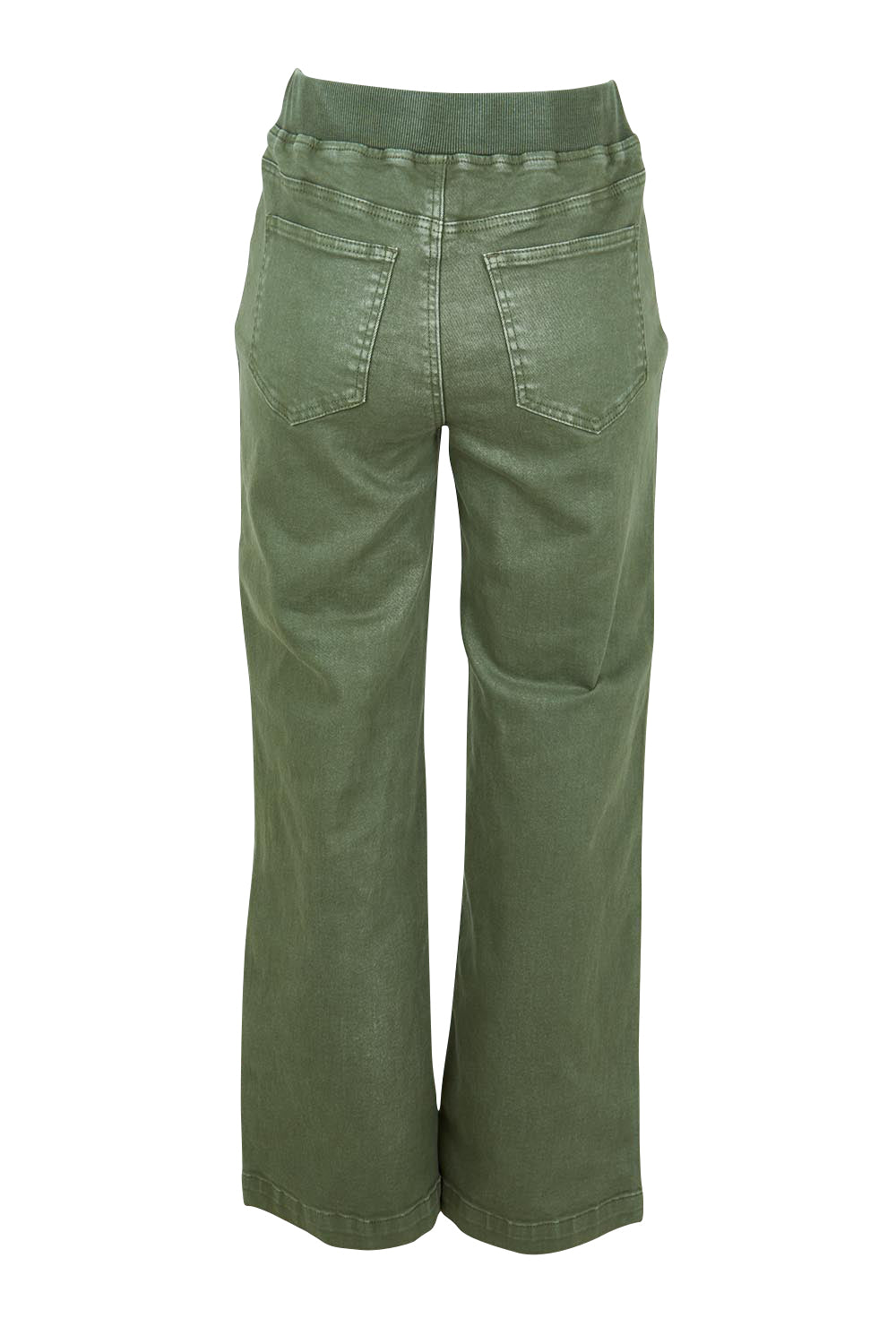 Product shot of the Maddy Wide Leg Jean in colour Khaki (Green), from the back