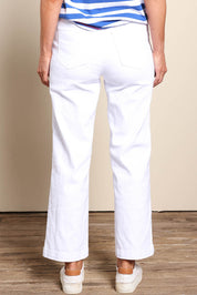 Model Riinar wearing size 10 of the Maddy Wide Leg Jean - White in colour White, from the front