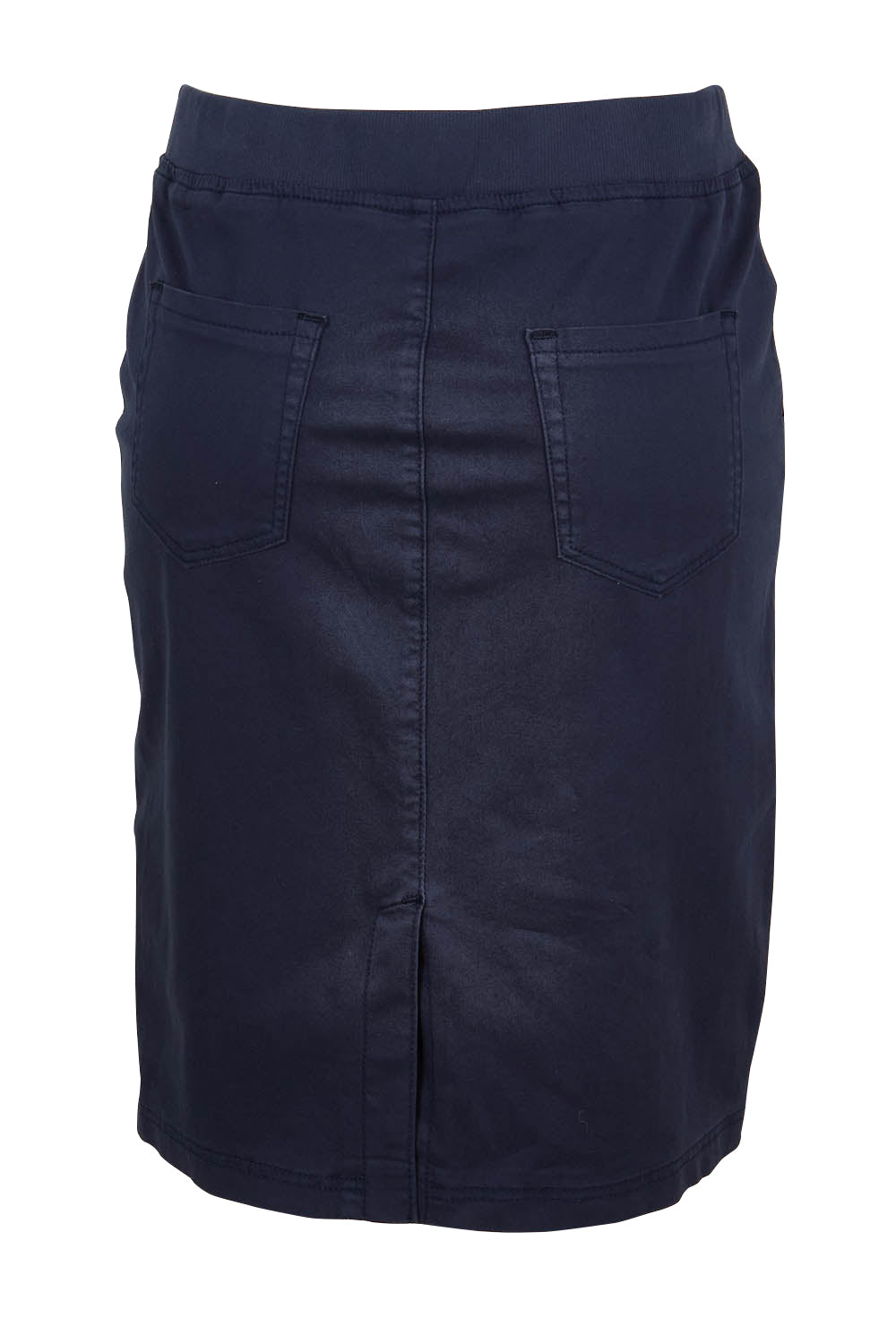 Product shot of the Portia Denim Skirt in colour Navy (Blue), from the back