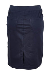 Product shot of the Portia Denim Skirt in colour Navy (Blue), from the back