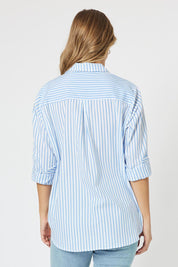 A model wearing the Love Me Stripe Cotton Shirt in colour Blue (Blue), from the back