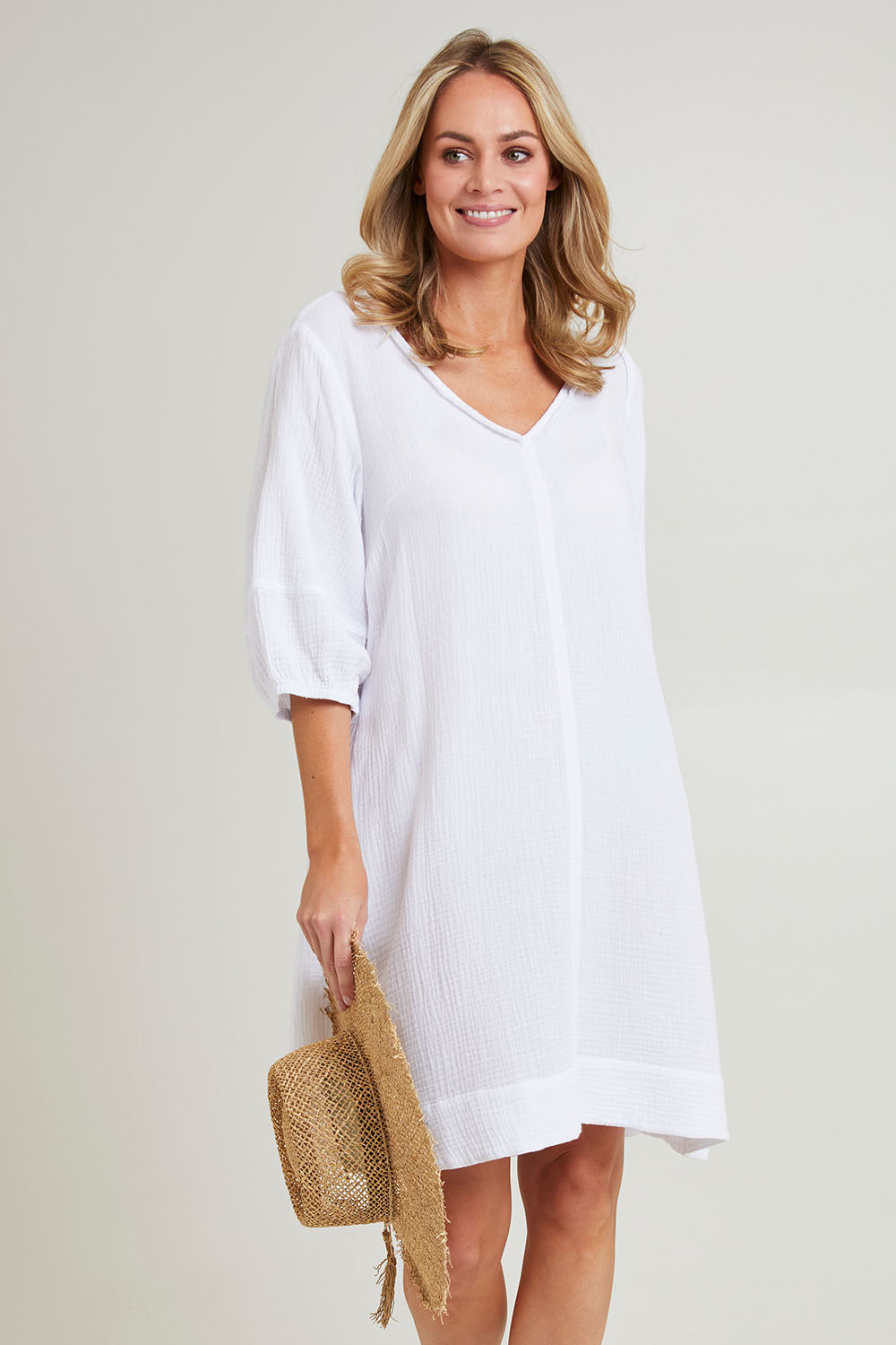 Model Grace wearing size S of the Byron Cotton Dress in colour White (White), from the front, cropped image