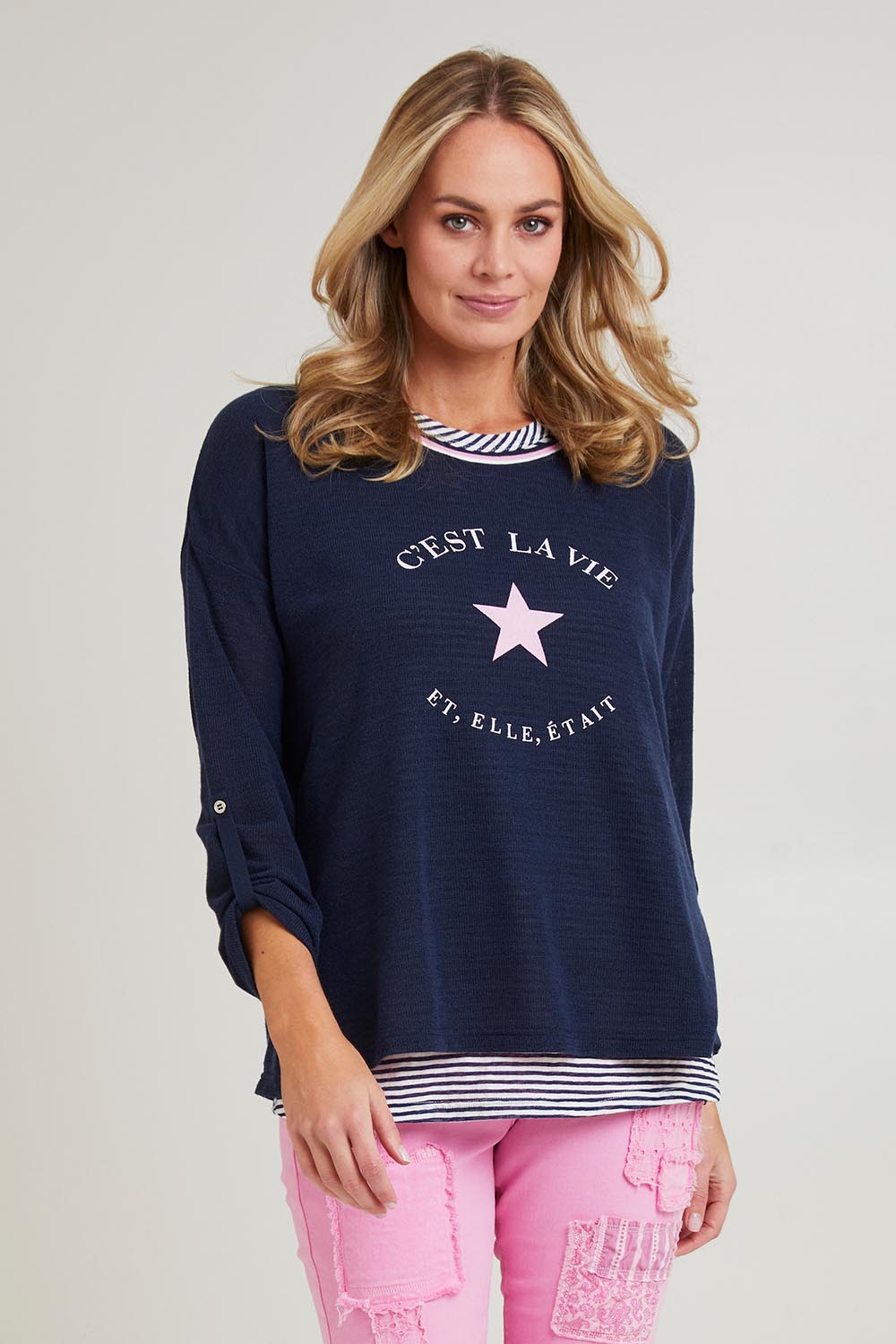 Model Grace wearing size S of the C'est La Vie 2 In 1 in colour Navy (Blue), from the front, cropped image