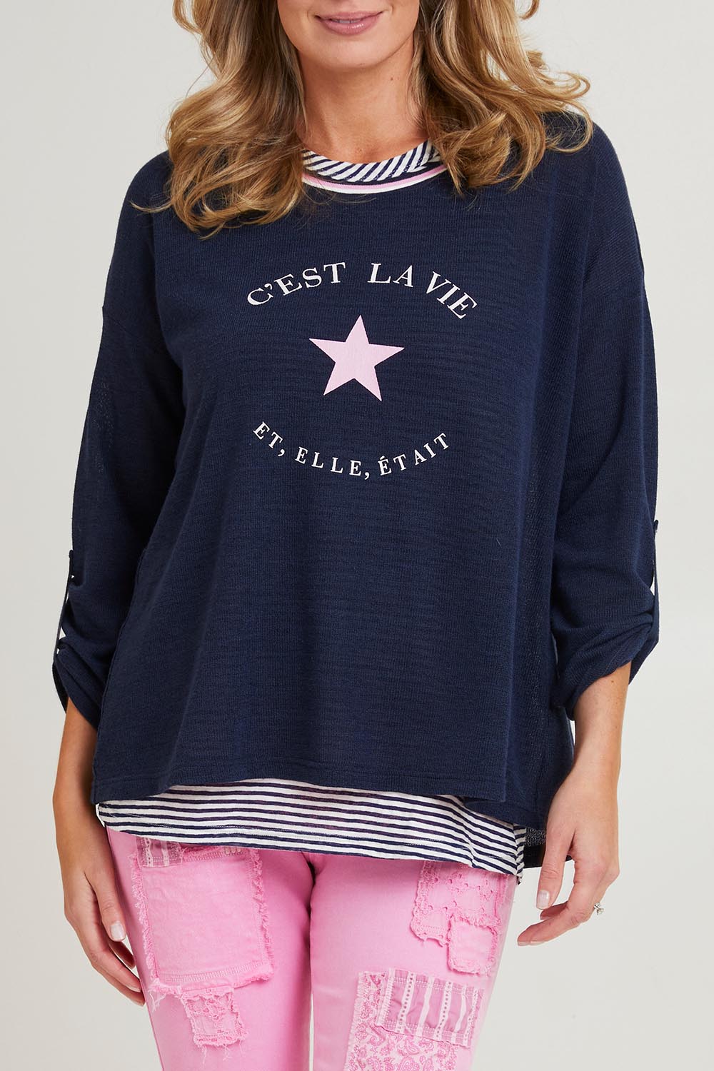 Model Grace wearing size S of the C'est La Vie 2 In 1 in colour Navy (Blue), from the front, cropped image