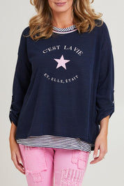 Model Grace wearing size S of the C'est La Vie 2 In 1 in colour Navy (Blue), from the front, cropped image