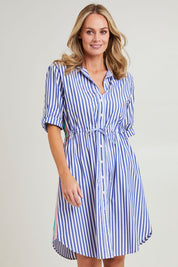 Model Grace wearing size S of the Get Shirty Cotton Stripe Dress in colour Blue (Blue), from the front, cropped image