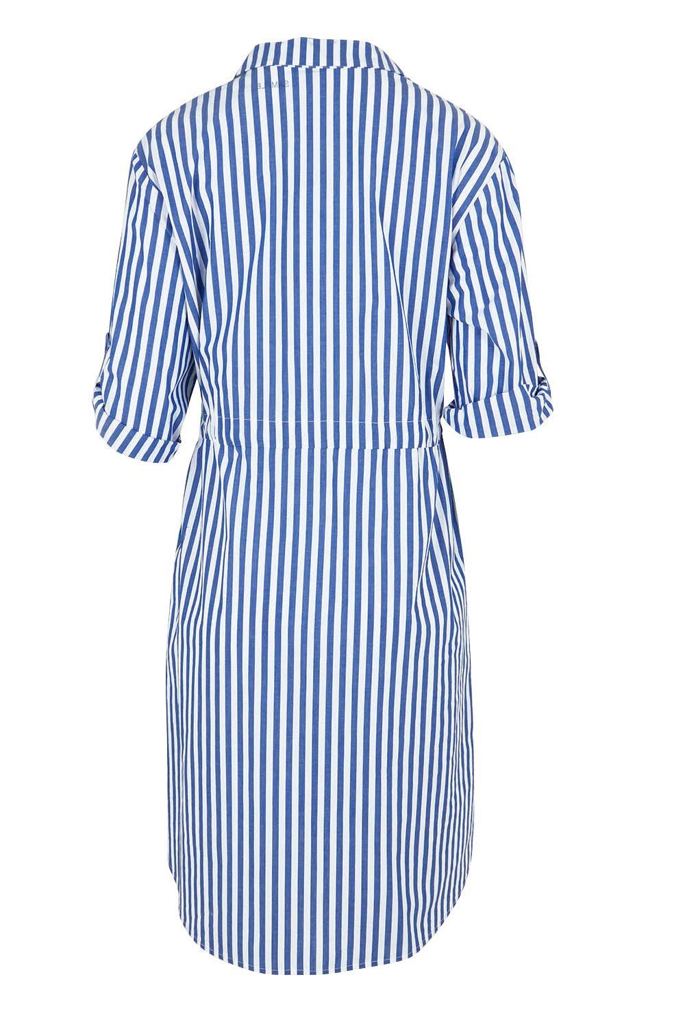 Product shot of the Get Shirty Cotton Stripe Dress in colour Blue (Blue), from the back