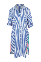Product shot of the Get Shirty Cotton Stripe Dress in colour Blue (Blue), from the front