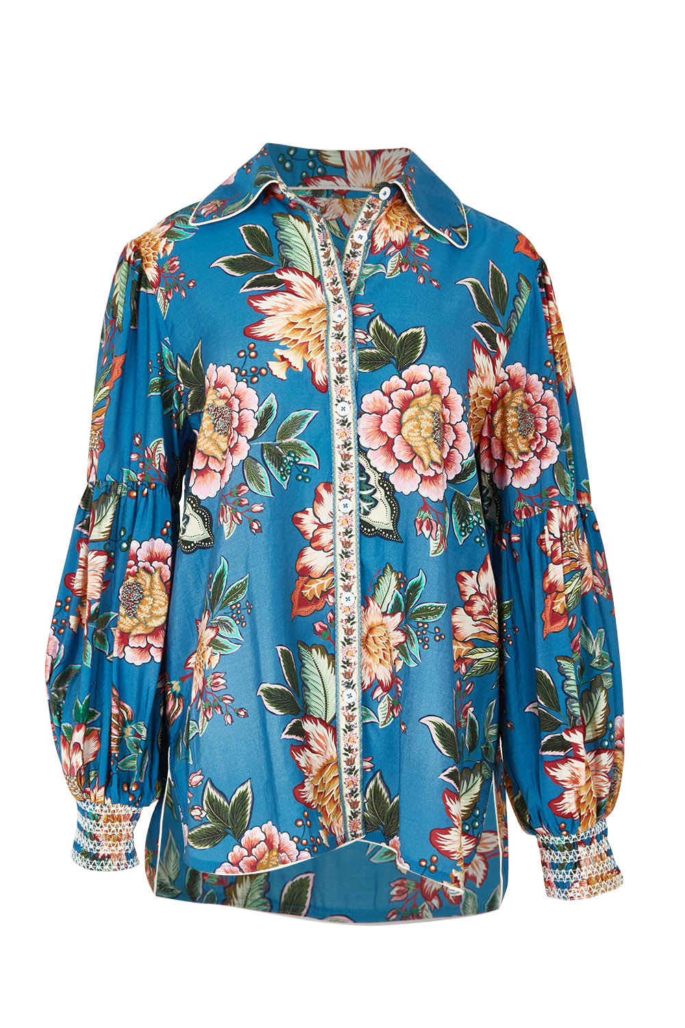 Product shot of the Vintage Rose Shirt in colour Multi (Blue), from the front