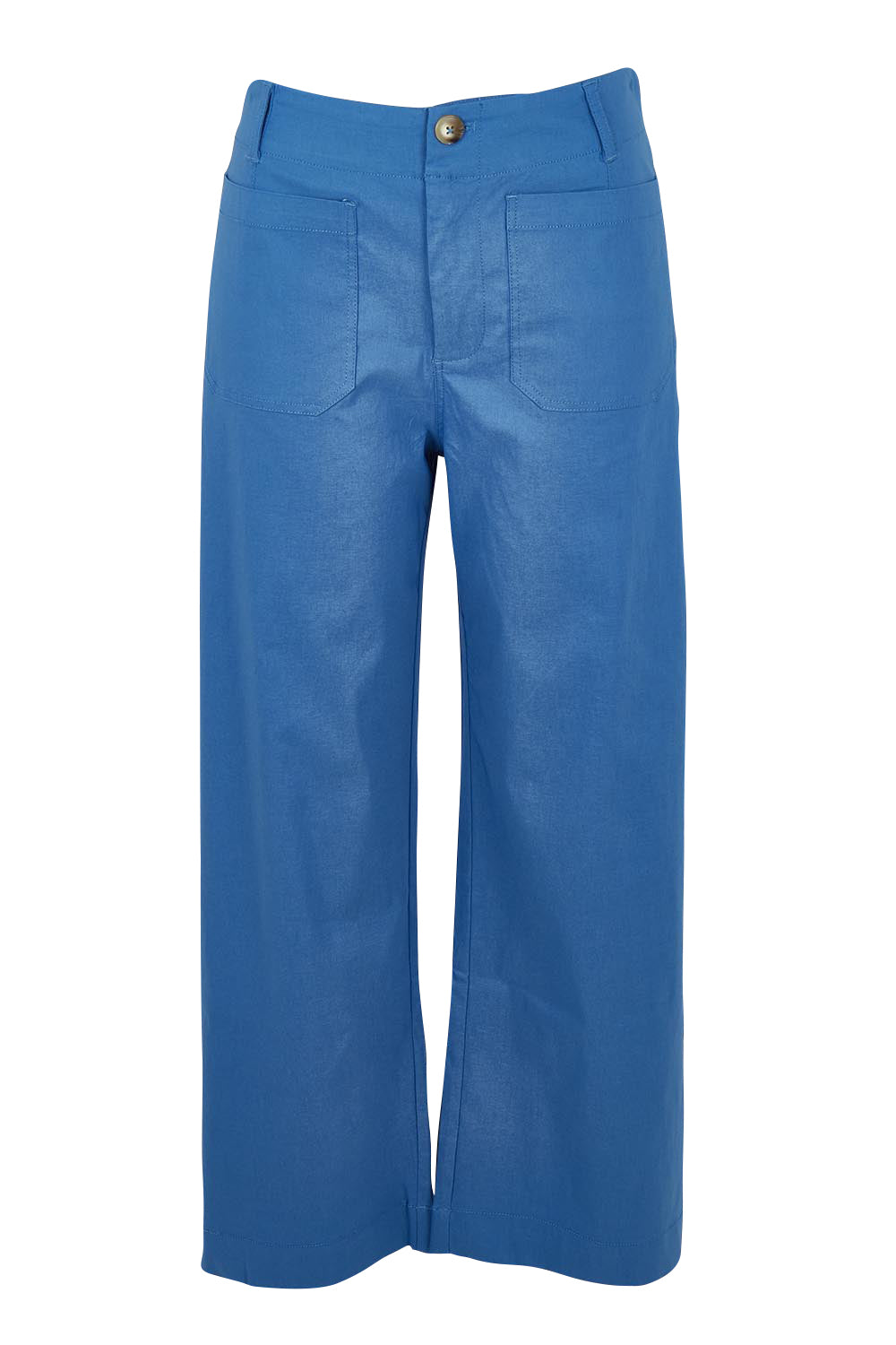 Product shot of The Marine Wide Leg Pant in colour Blue (Blue), from the front