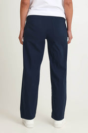 Model Riina wearing size S of The Marine Wide Leg Pant in colour Navy (Blue), from the back