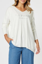 A model wearing the La Paris Knit Jumper in colour White (White), from the front, cropped image