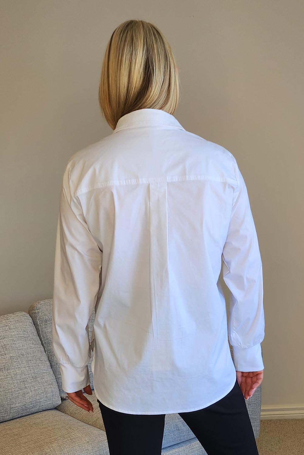 A model wearing the City Rib Cuff Cotton Blend Shirt in colour White (White), from the back