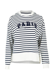 Product shot of the Paris Stripe Sweatshirt in colour Navy (Blue), from the front