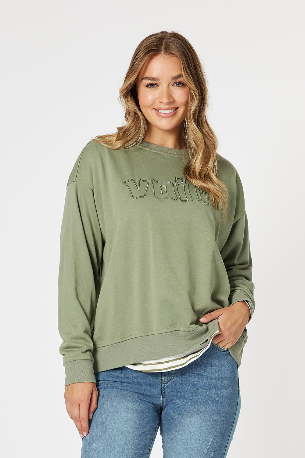 A model wearing the Voila Cotton Blend Sweat in colour Khaki (Green), from the front, cropped image