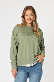 A model wearing the Voila Cotton Blend Sweat in colour Khaki (Green), from the front, cropped image