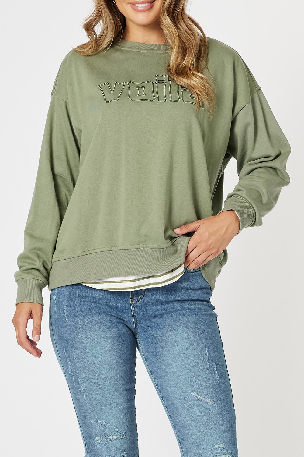 A model wearing the Voila Cotton Blend Sweat in colour Khaki (Green), from the front, cropped image