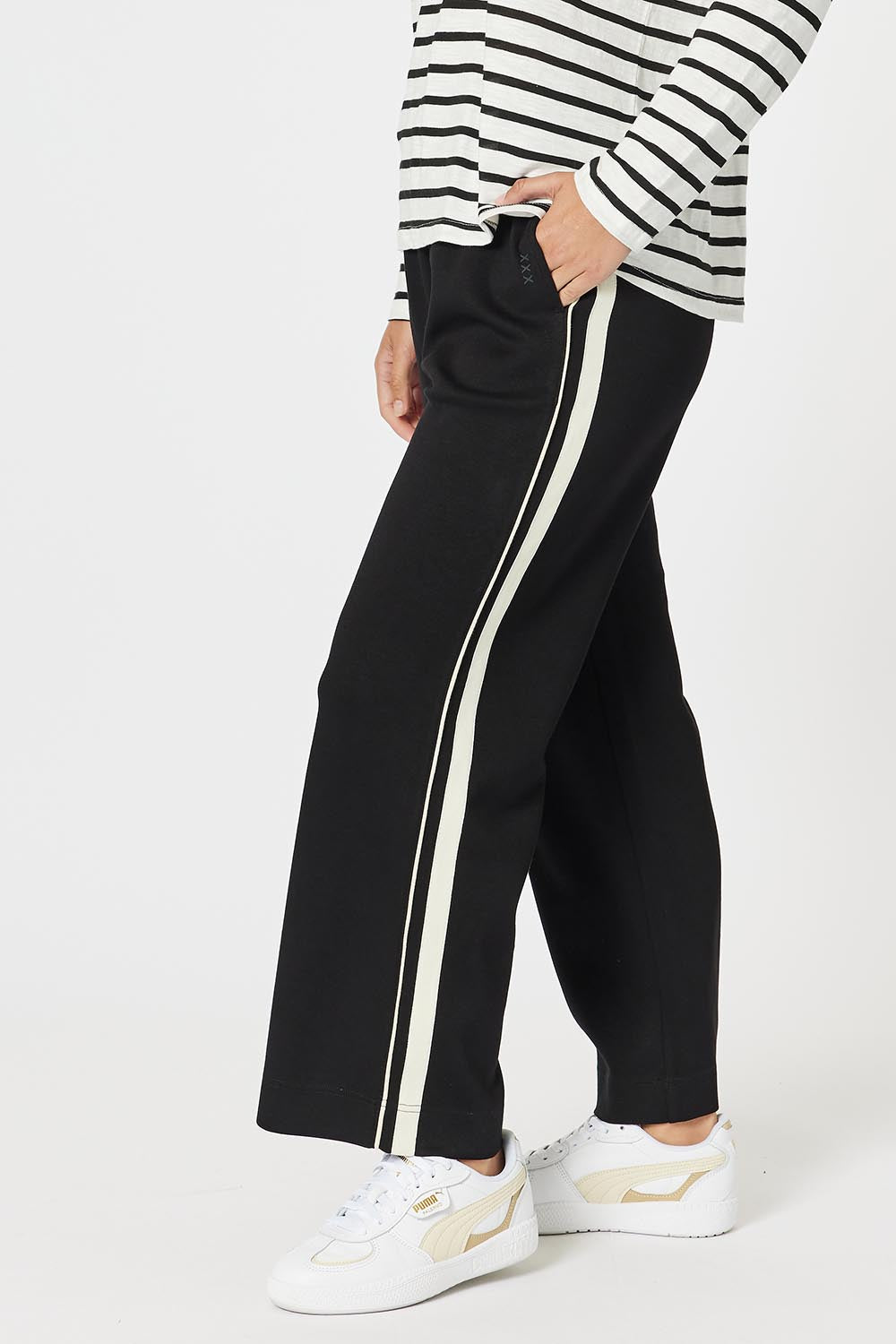 A model wearing the Urban Pant in colour Black (Black), from the front, cropped image