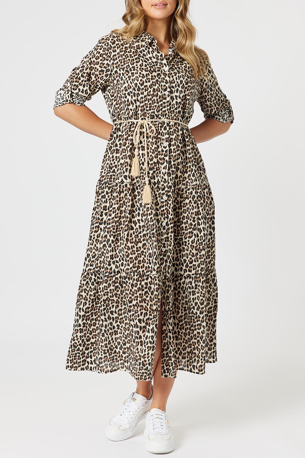A model wearing the Le Marais Cotton Dress in colour Animal, from the front, cropped image
